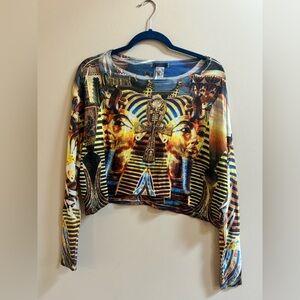 Blush Y2K King Tut Egypt Theme Long Sleeve Crop Top, Egyptian Motif Shirt Blouse